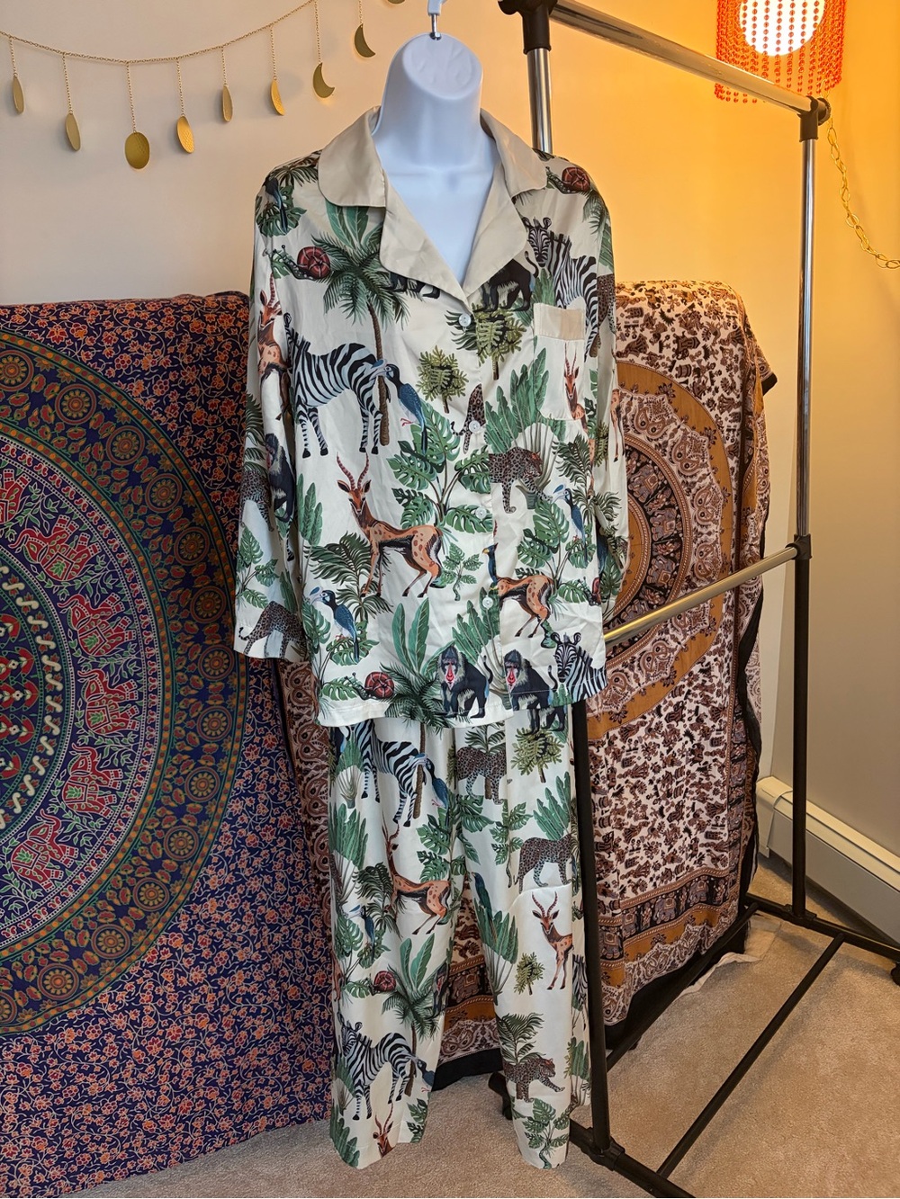 Safari Animal Print Satin feel Pajama Set - Cream & Green